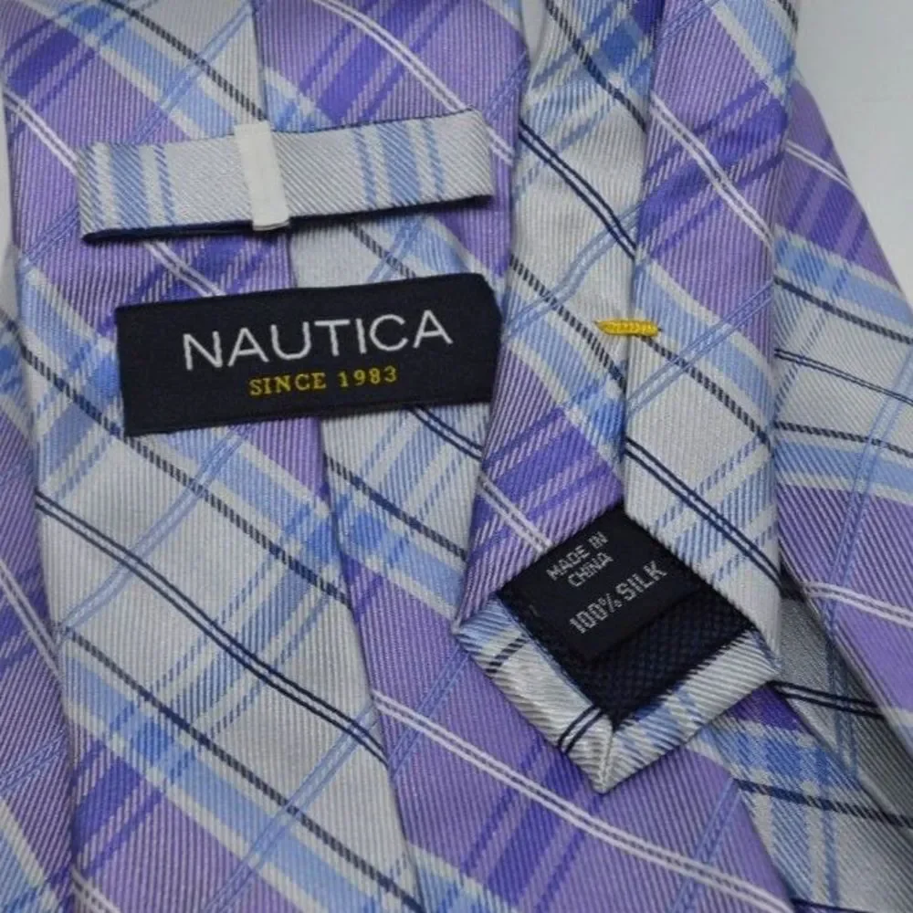Nautica 100% Silk Plaid Purple Lavender Blue Beige Necktie Tie